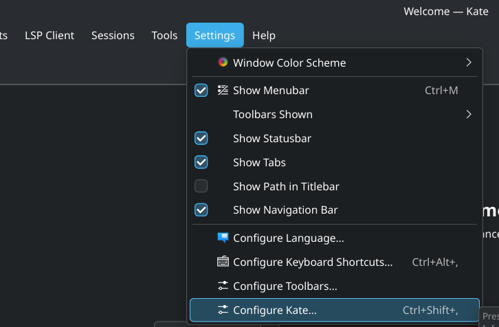 Getting to Kate Settings